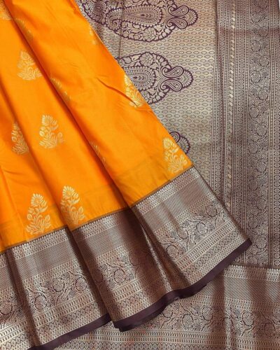 Aaranya - Semi Kanchi Korvai Soft Silk Saree - Marigold Orange - Coffee Brown - open drape