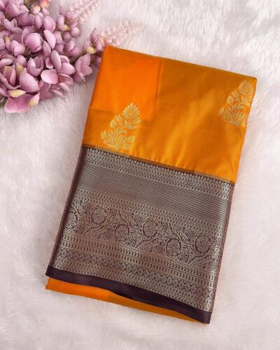 Aaranya - Semi Kanchi Korvai Soft Silk Saree - Marigold Orange - Coffee Brown - folded view