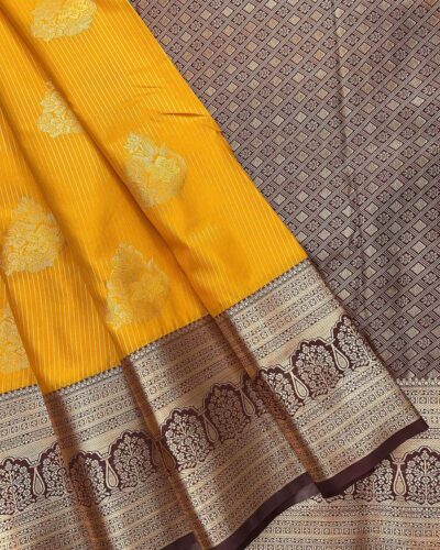 Aaranya - Semi Kanchi Korvai Soft Silk Saree - Mustard Yellow - Coffee Brown - open drape