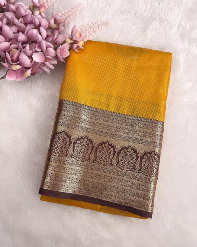 Aaranya - Semi Kanchi Korvai Soft Silk Saree - Mustard Yellow - Coffee Brown - folded view