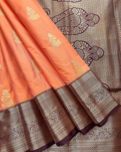 Aaranya - Semi Kanchi Korvai Soft Silk Saree - Peach - Coffee Brown - open drape
