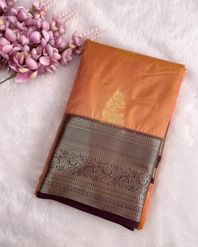 Aaranya - Semi Kanchi Korvai Soft Silk Saree - Peach - Coffee Brown - folded view