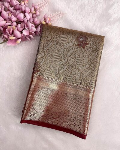 Avira - Semi Tissue Bridal Saree - Ash Grey - Maroon - folded view