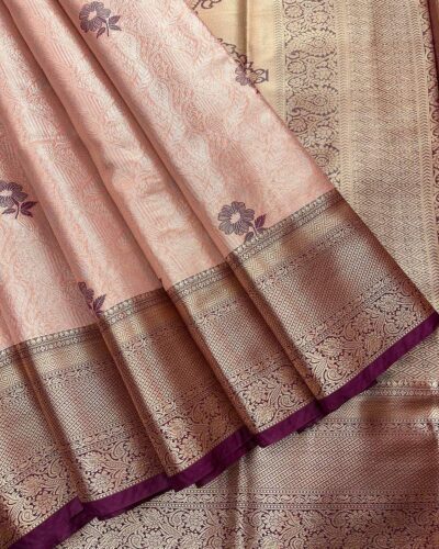 Avira - Semi Tissue Bridal Saree - Blush Pink - Wine - open drape