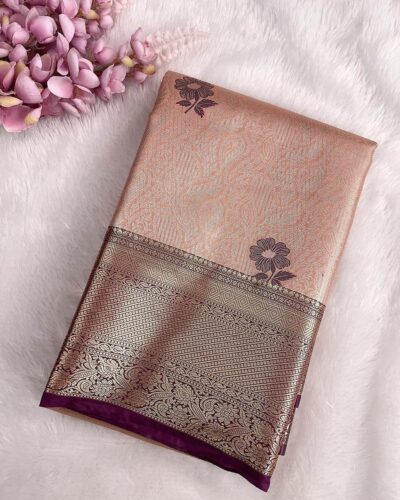 Avira - Semi Tissue Bridal Saree - Blush Pink - Wine - folded view