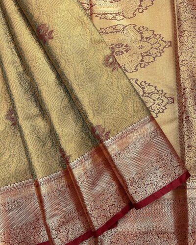 Avira - Semi Tissue Bridal Saree - Olive Gold - Maroon - open drape