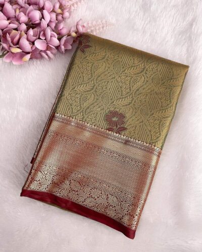 Avira - Semi Tissue Bridal Saree - Olive Gold - Maroon - folded view