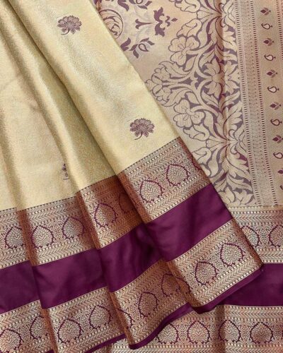 Avira - Semi Tissue Bridal Saree with Rettapet Border - Champagne Gold - Wine - open drape