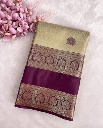 Avira - Semi Tissue Bridal Saree with Rettapet Border - Champagne Gold - Wine - folded view