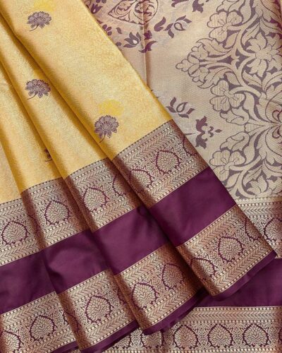 Avira - Semi Tissue Bridal Saree with Rettapet Border - Golden Yellow - Wine - open drape