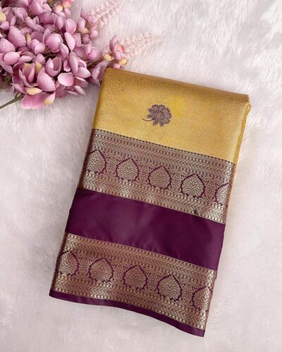 Avira - Semi Tissue Bridal Saree with Rettapet Border - Golden Yellow - Wine - folded view