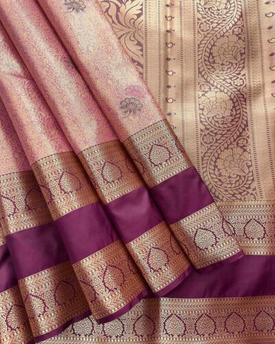 Avira - Semi Tissue Bridal Saree with Rettapet Border - Rose Pink - Wine - open drape