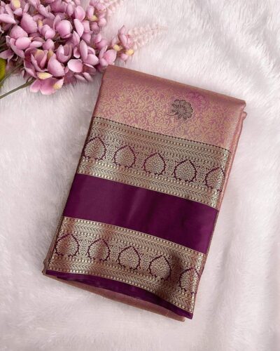 Avira - Semi Tissue Bridal Saree with Rettapet Border - Rose Pink - Wine - folded view