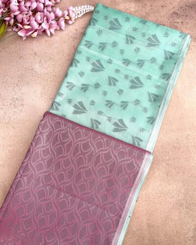 Borderless Tissue Kota Saree - Aqua Mint - Onion Pink - folded pallu view
