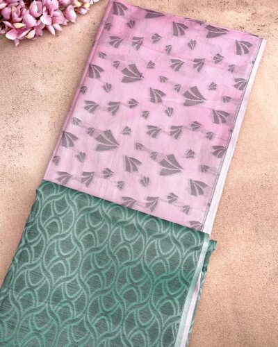 Borderless Tissue Kota Saree - Baby Pink - Bottle Green - folded pallu view