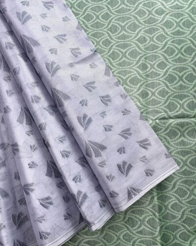 Borderless Tissue Kota Saree - Lavender Grey - Sage Green - open drape