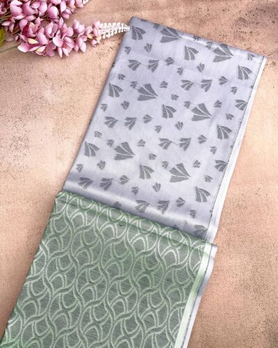 Borderless Tissue Kota Saree - Lavender Grey - Sage Green - folded pallu view