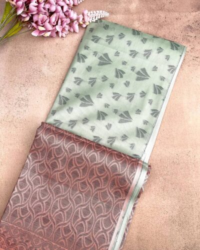 Borderless Tissue Kota Saree - Mint Green - Dusty Rose - folded pallu view