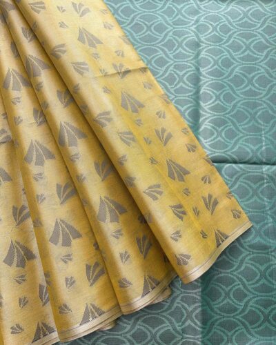 Borderless Tissue Kota Saree - Mustard Yellow - Teal Green - open drape