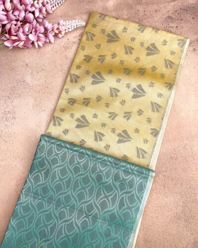 Borderless Tissue Kota Saree - Mustard Yellow - Teal Green - folded pallu view