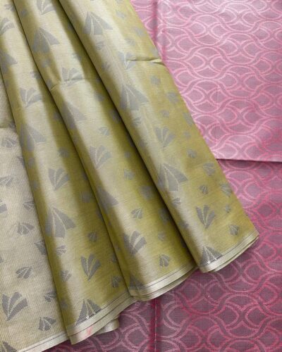 Borderless Tissue Kota Saree - Olive Beige - Mauve Pink - open drape
