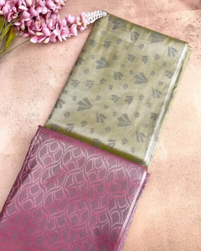 Borderless Tissue Kota Saree - Olive Beige - Mauve Pink - folded pallu view
