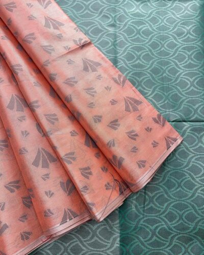 Borderless Tissue Kota Saree - Peach - Teal Green - open drape