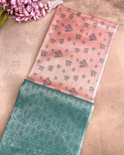 Borderless Tissue Kota Saree - Peach - Teal Green - folded pallu view
