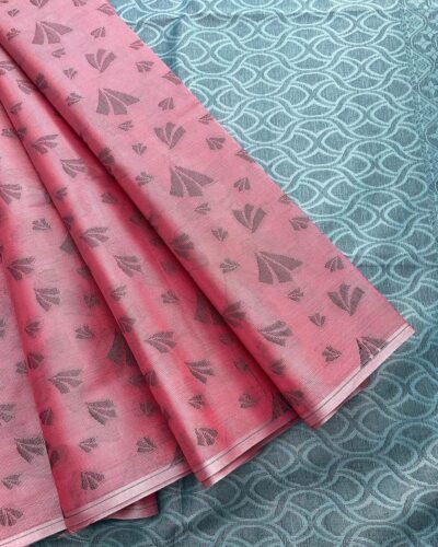 Borderless Tissue Kota Saree - Rose Pink - Steel Blue - open drape