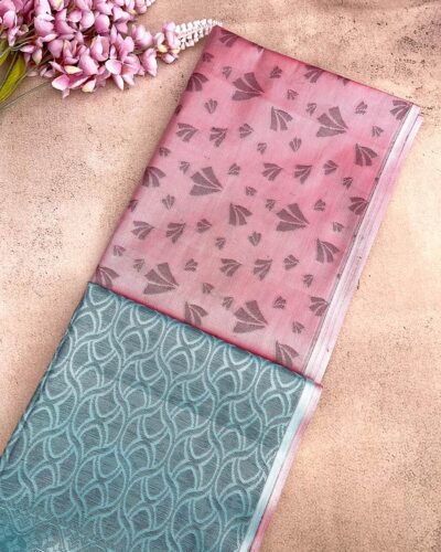 Borderless Tissue Kota Saree - Rose Pink - Steel Blue - folded pallu view