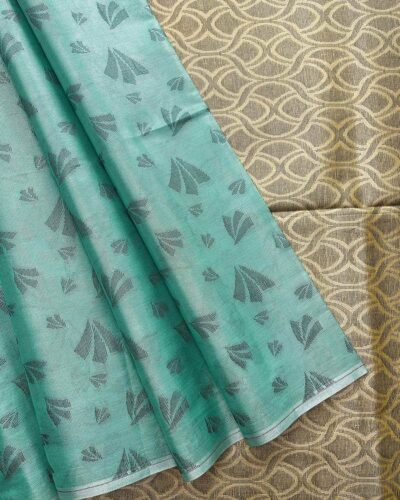Borderless Tissue Kota Saree - Sea Green - Olive Gold - open drape
