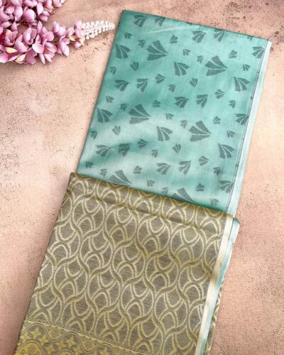 Borderless Tissue Kota Saree - Sea Green - Olive Gold - folded pallu view