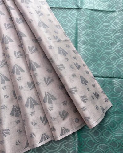 Borderless Tissue Kota Saree - Silver Grey - Teal Green - open drape