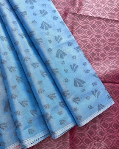 Borderless Tissue Kota Saree - Sky Blue - Magenta Pink - open drape