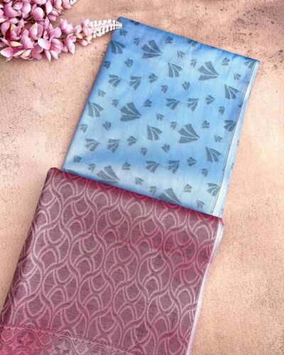 Borderless Tissue Kota Saree - Sky Blue - Magenta Pink - folded pallu view