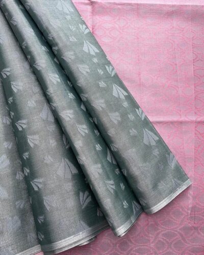 Borderless Tissue Kota Saree - Slate Grey - Onion Pink - open drape