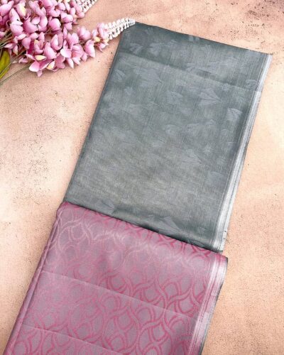 Borderless Tissue Kota Saree - Slate Grey - Onion Pink - folded pallu view