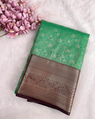 Floriva - Semi Kanchi Brocade Bridal Saree - Mint Green - Wine Brown - folded view
