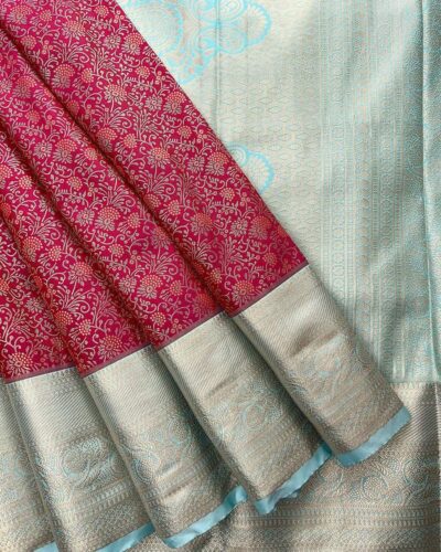 Floriva - Semi Kanchi Brocade Bridal Saree - Rani Pink - Sky Blue - open drape