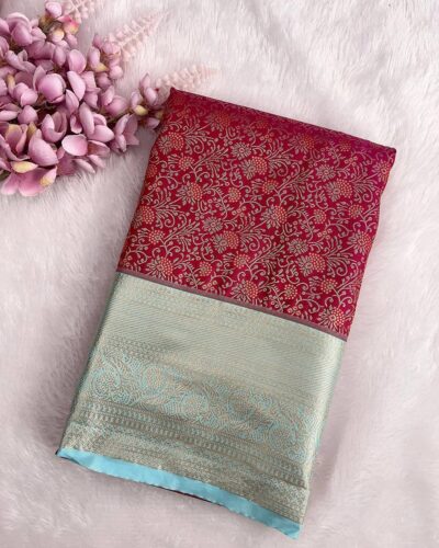 Floriva - Semi Kanchi Brocade Bridal Saree - Rani Pink - Sky Blue - folded view