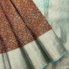 Floriva - Semi Kanchi Brocade Bridal Saree - Rust Brown - Aqua Mint - open drape