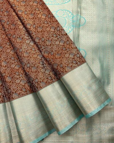 Floriva - Semi Kanchi Brocade Bridal Saree - Rust Brown - Aqua Mint - open drape