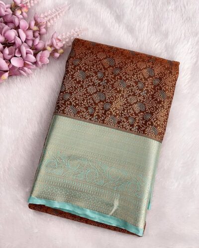 Floriva - Semi Kanchi Brocade Bridal Saree - Rust Brown - Aqua Mint - folded view