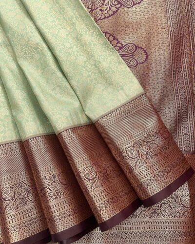 Floriva - Semi Kanchi Brocade Bridal Saree - Sage Green - Wine Brown - open drape