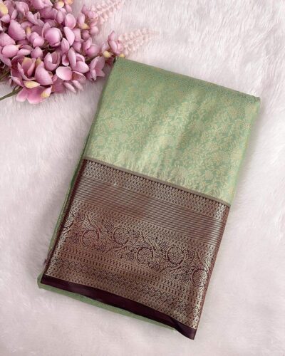 Floriva - Semi Kanchi Brocade Bridal Saree - Sage Green - Wine Brown - folded view