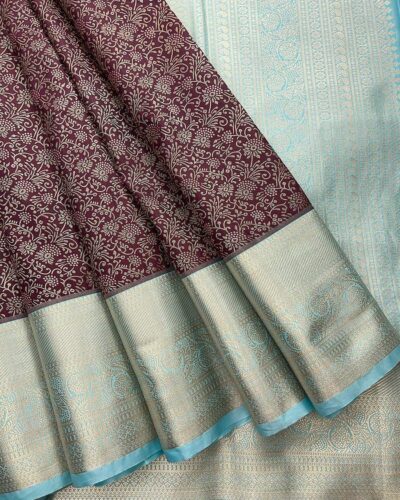 Floriva - Semi Kanchi Brocade Bridal Saree - Wine - Sky Blue - open drape
