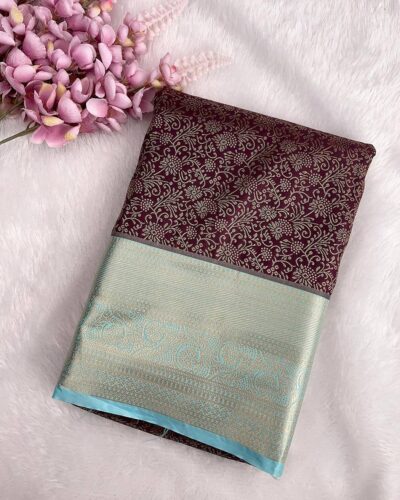 Floriva - Semi Kanchi Brocade Bridal Saree - Wine - Sky Blue - folded view