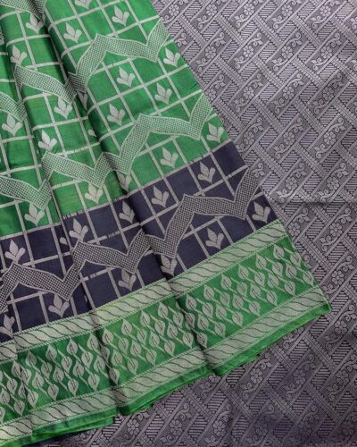 Leafora - Luxury Soft Silk Saree - Emerald Green - Navy Blue - full open drape