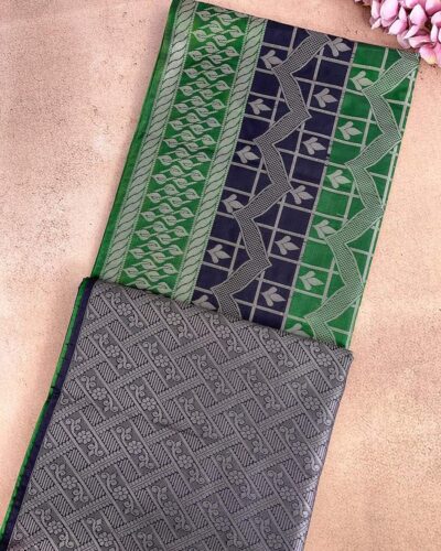 Leafora - Luxury Soft Silk Saree - Emerald Green - Navy Blue - half open view