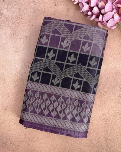 Leafora - Luxury Soft Silk Saree - Lavender Purple - Navy Blue - closed fold